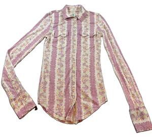 Vintage Free People Floral Stripe Western Pearl Snap Button Down Shirt Size XS